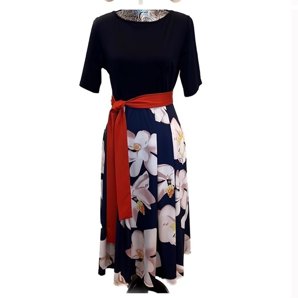 Beautiful navy blue dress with floral skirt and orange sash tie back zip large - Picture 2 of 13